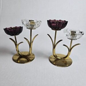 MCM Swedish Gunnar Ander Ystad Metall Brass Art Glass Flower Candle Holders Pair